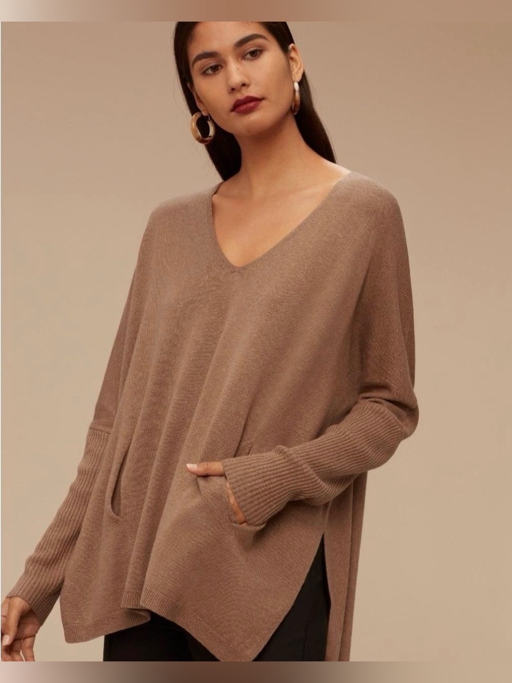 Babaton Relaxed V-Neck Pocket wool Sweater in Taupe Brown s/m